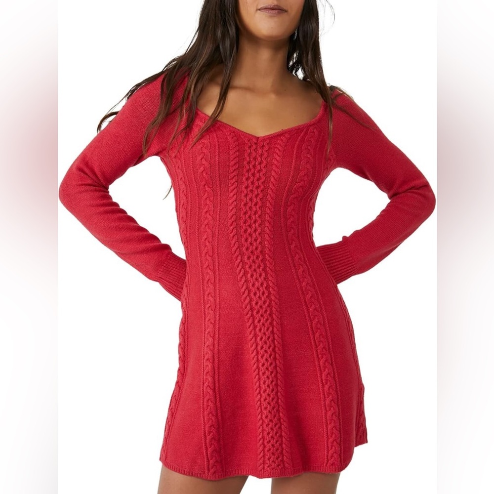 FREE PEOPLE Sweater Mini Dress Size XL Red Pink Knitted Long sleeves Stretch - Picture 3 of 10